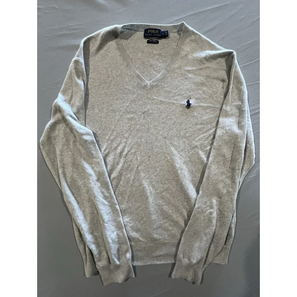 Polo Ralph Lauren Sweater‎ Mens Size Large Gray Pima Cotton Pullover V Neck Golf